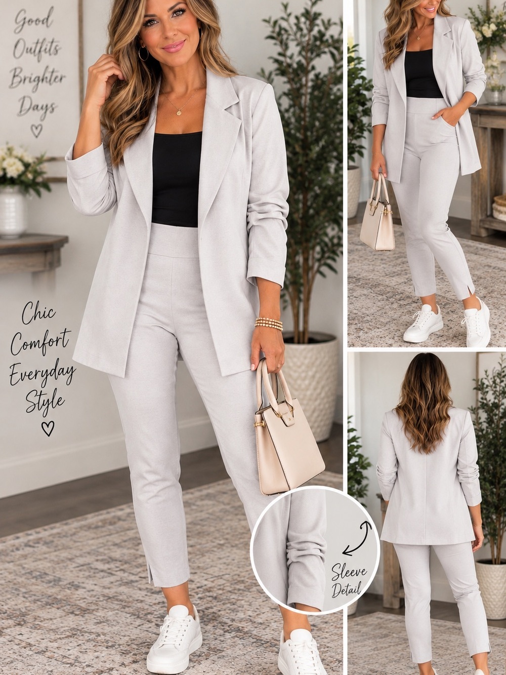 Women’s Pearl Gray Tailored Blazer & Pants Set - Chic Work Pants Set Alternative